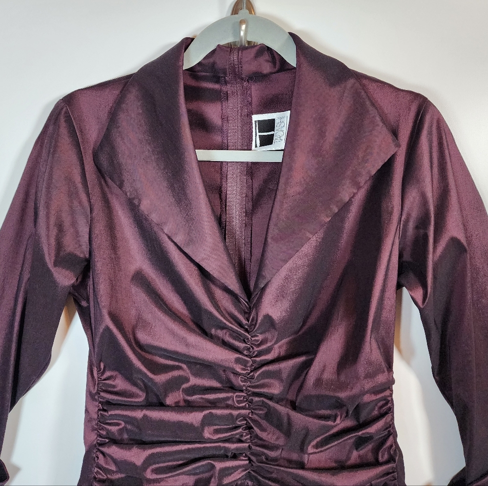 Tadashi Shoji Vintage Eggplant Purple Formal Elegant Collared Ruched Gown 8 - Picture 4 of 16